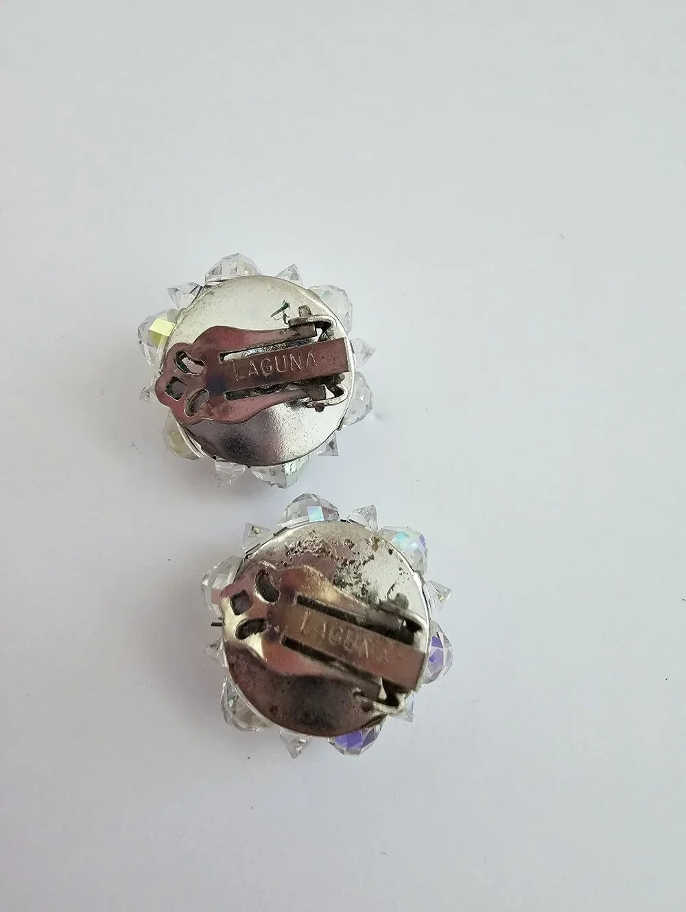 Vintage Laguna AB Crystal Bead Cluster Clip On Earrings Signed Mid Century​